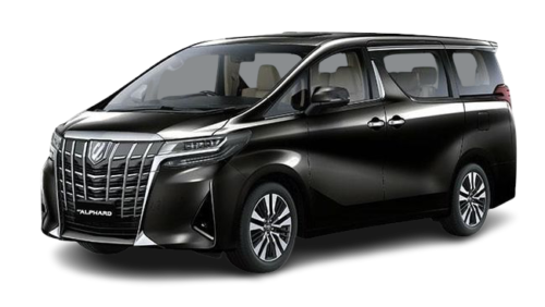 The sleek, black Toyota Alphard exudes luxury and modernity. Its distinctive grille, sharp headlights, and stylish alloy wheels are prominent.